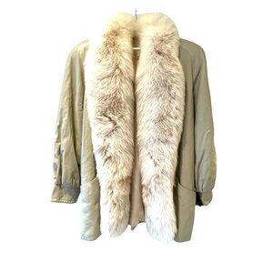 Vintage Fur Trim Mob Wife Cream Colored Tan Leather Y2k Coat With Lining M Women